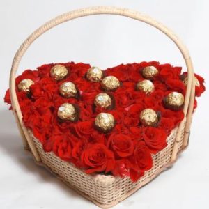 Heart Basket Filled With Roses and Ferrero