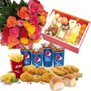 KFC Meal With Mithai and Flowers