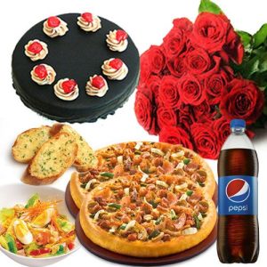 Pizza Meal with Cake & Flowers