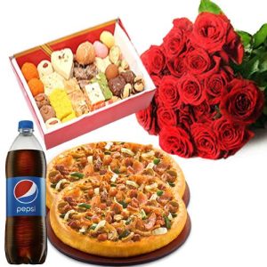 Pizza Meal With Mithai and Roses