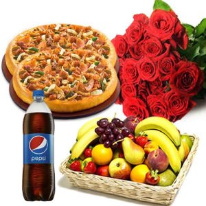 Pizza Meal With Roses & Fruits
