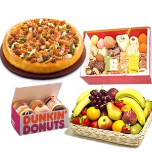 Pizza With Fruit Basket, Mithai And Donuts