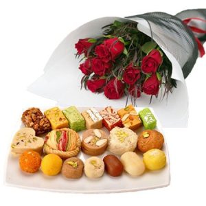 2kg Mix Mithai & 24 Red Roses