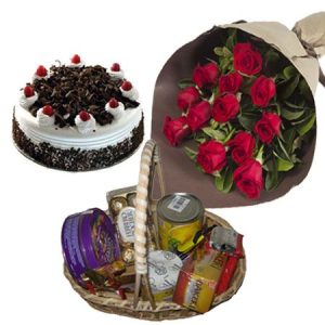 Special Gift Basket with Black Forest Cake & Flowers