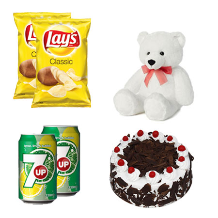 Cake, Teddy, Lays Chips & 7 Up