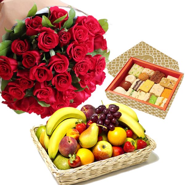 Fruit Basket, Red Roses & Mix Mithai Box